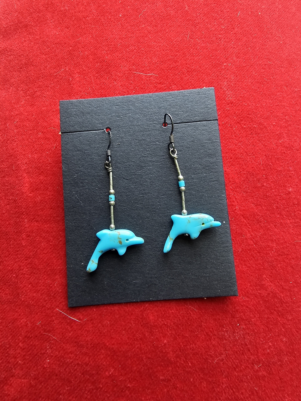 ZUNI FETISH Turquoise Dolphin Drop Earrings On Sterling Silver
